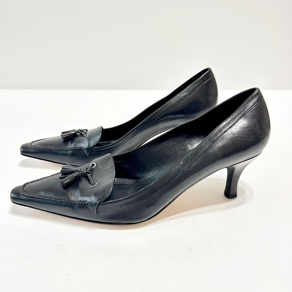Audrey Brooke Black Leather Pumps Women’s Size 8.5 2.5” Heel Tassel Bow Classic - Picture 2 of 10